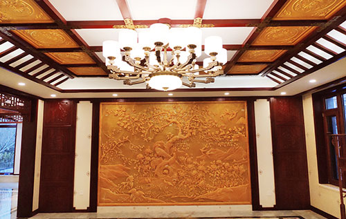 秦安中式别墅客厅中式木作横梁吊顶装饰展示